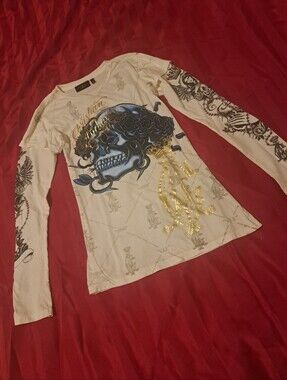Christian Audigier Long Sleeve Graphic Skull Top - with Blue & Gold Accents